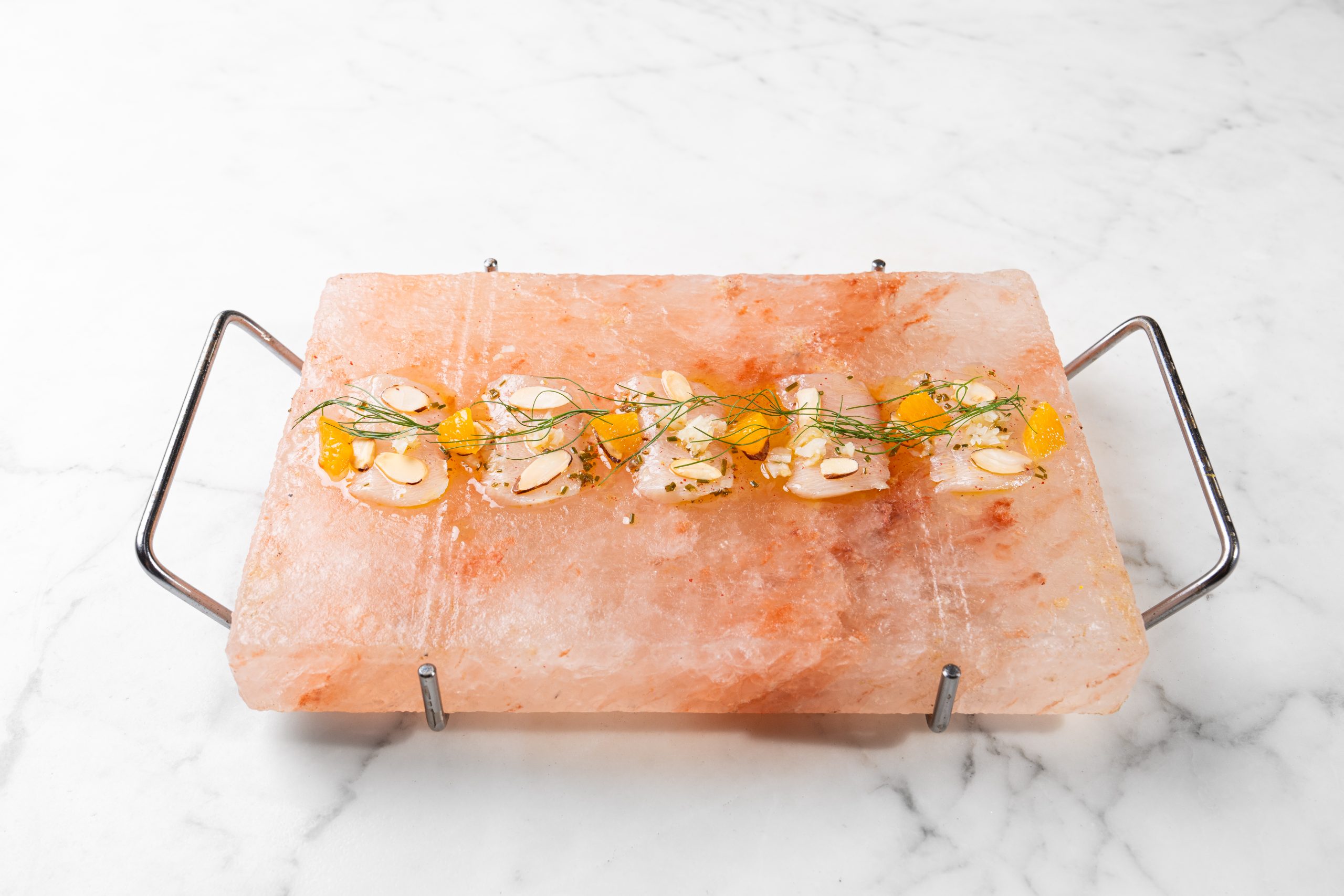Hamachi Crudo with Almonds Fennel and Orange Segments